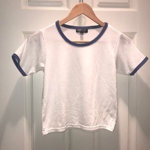 white and blue ringer tee